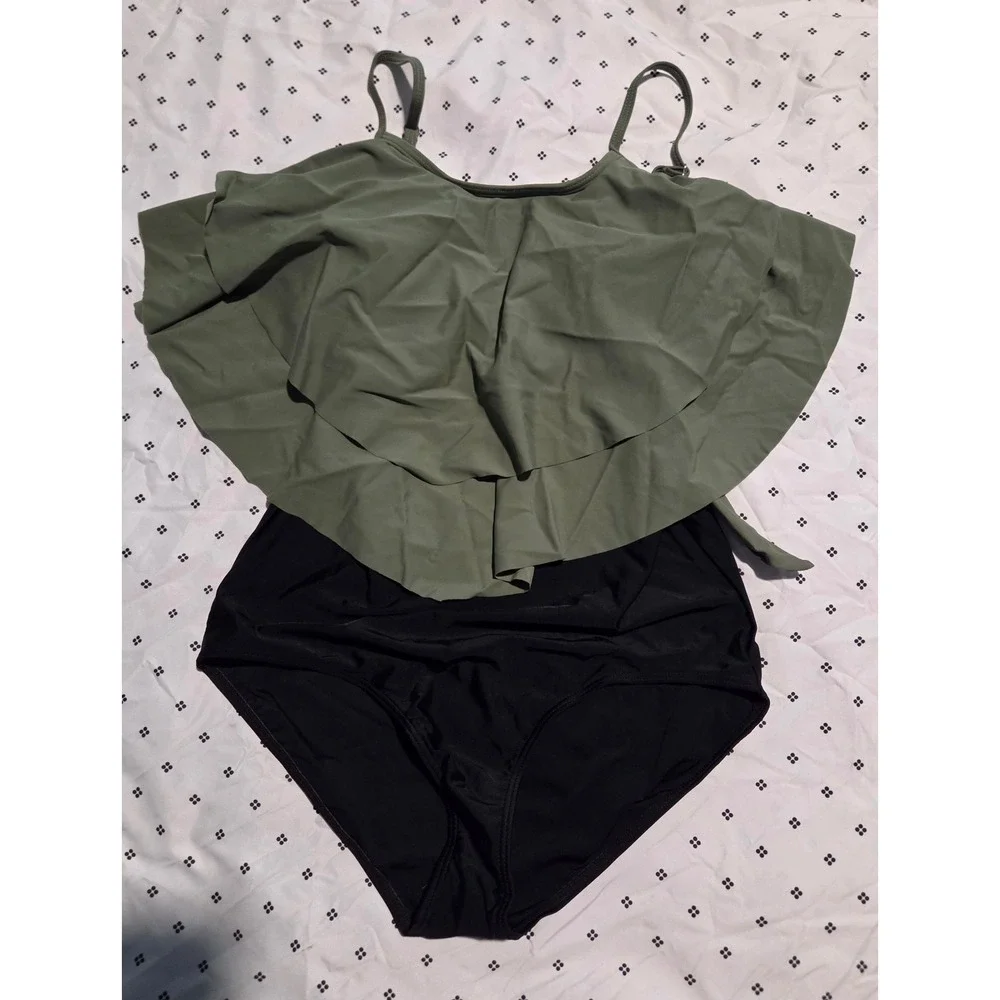 N3w Olive Green Ruffle Flounce One Piece Swimsuit Black Bottoms Girls 15-16Y